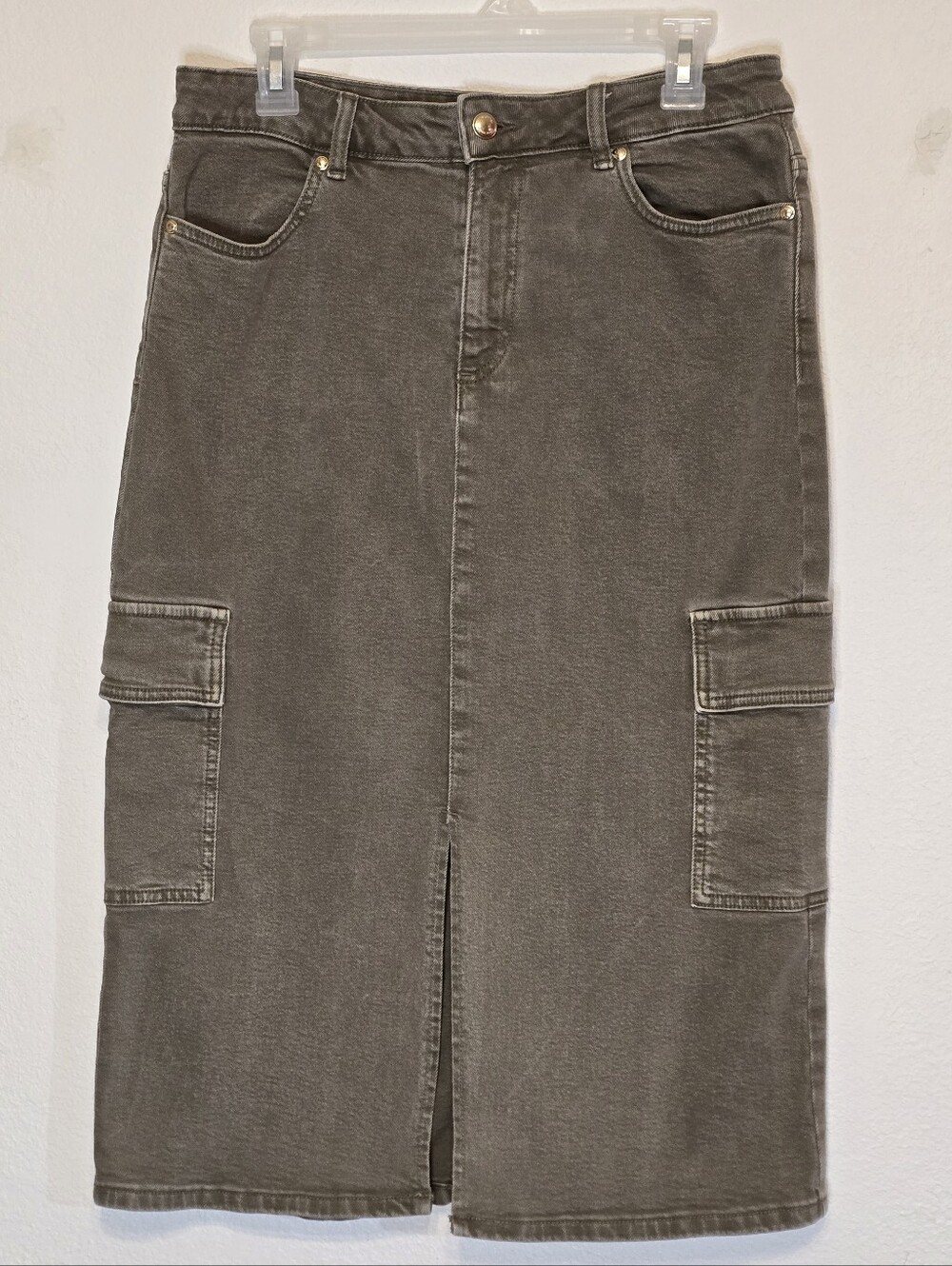 Michael Kors Olive Green Denim Cargo Midi Skirt Front Slit Size 8